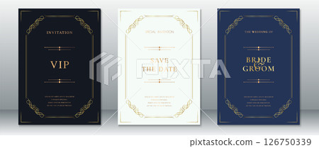 Elegant Wedding Invitation Set with Gold Vintage Frame on Dark and Light Backgrounds Elegant Wedding Invitation Set with Gold Vintage Frame on Dark and Light Backgrounds 126750339