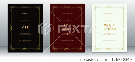 Luxury Wedding Invitation Set with Gold Ornate Frame on Black, Wine, and Cream Backgrounds Luxury Wedding Invitation Set with Gold Ornate Frame on Black, Wine, and Cream Backgrounds 126750340