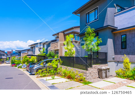 Quiet residential area without utility poles 126750465