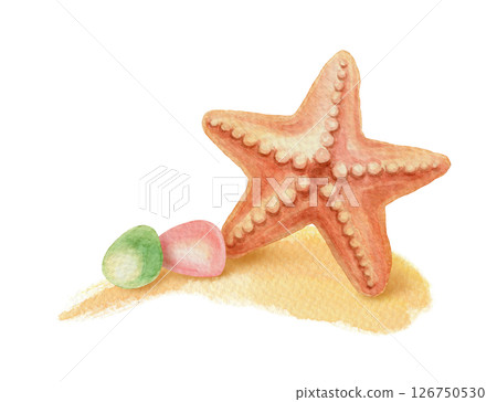 Starfish and sea glass on the sand brushstroke. Hand drawn watercolor beach illustration of ocean animal and decor with realistic texture. Perfect for summer card template and holiday season design. Starfish and sea glass on the sand brushstroke. Hand drawn watercolor beach illustration of ocean animal and decor with realistic texture. Perfect for summer card template and holiday season design. 126750530