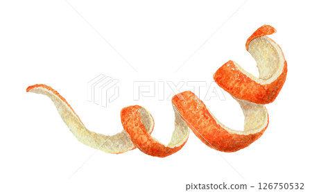 Twisted orange peel. Hand drawn watercolor food illustration of sweet fruit decor. Decorative citrus image with colorful realistic texture. Perfect for summer card template and cocktail menu design. 126750532