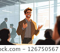 Illustrations of business presentations and meeting scenes 126750567