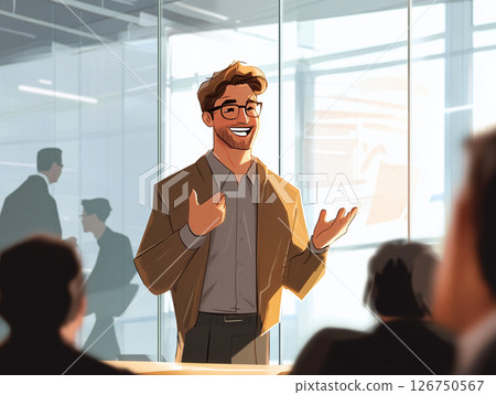 Illustrations of business presentations and meeting scenes Illustrations of business presentations and meeting scenes 126750567