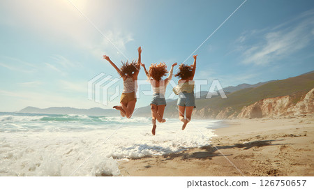 Three women jumping on the beach. A moment of freedom and joy 126750657