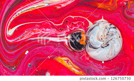 Vibrant abstract macro of swirling red, white, and black paint. Dynamic fluid motion with marbled textures, ideal for backgrounds or modern art design. Vibrant abstract macro of swirling red, white, and black paint. Dynamic fluid motion with marbled textures, ideal for backgrounds or modern art design. 126750730