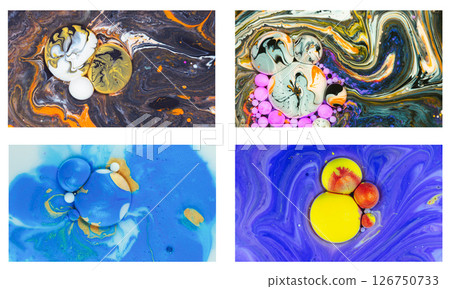 Set of 4 vibrant abstract macro images with colorful ink and paint patterns in water. Ideal for artistic, design, and creative backgrounds. 126750733
