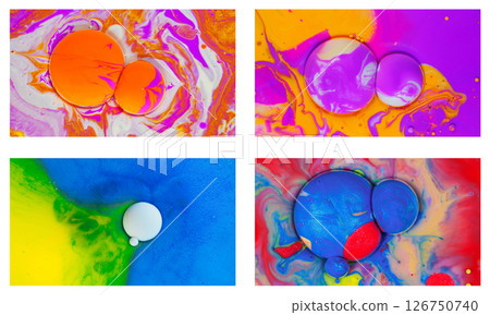 An energetic mix of swirling pigments in orange, magenta, cobalt and acid green, with floating spheres evoking a playful, cosmic dance. An energetic mix of swirling pigments in orange, magenta, cobalt and acid green, with floating spheres evoking a playful, cosmic dance. 126750740