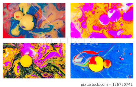 A vivid pair of abstract macro ink compositions filled with intense pink, yellow, blue and red, capturing movement and visual chaos. 126750741