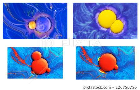 Set of 4 dynamic macro artworks of colorful ink drops in fluid, evoking cosmic motion. Perfect for digital backgrounds, posters, and creative visuals. 126750750