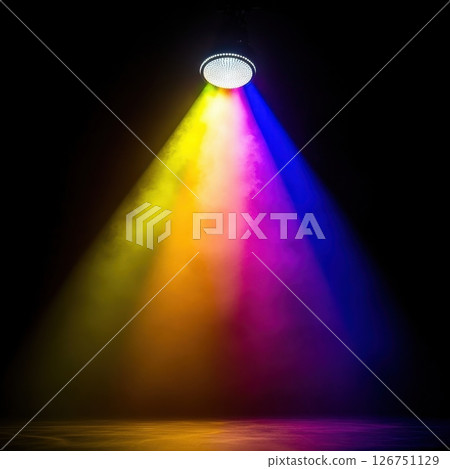 Colorful Stage Spotlight Illuminating Dance Floor with Smoke Effect 126751129