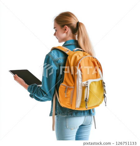 Student in Denim Jacket with Yellow Backpack Holding Tablet Device 126751133