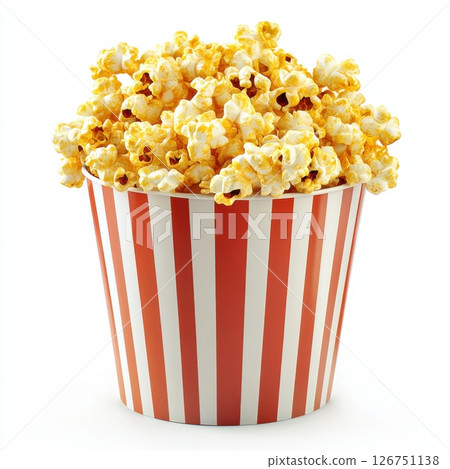 Golden Popcorn Kernels in Striped Bucket Isolated on White Background 126751138