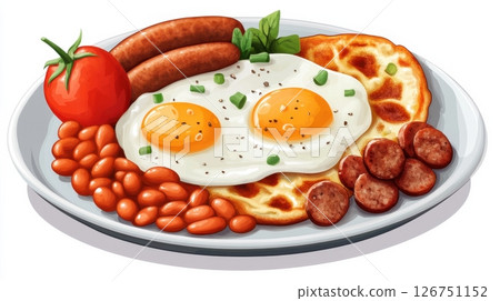 Traditional English Breakfast Featuring Eggs and Sausage on Plate 126751152