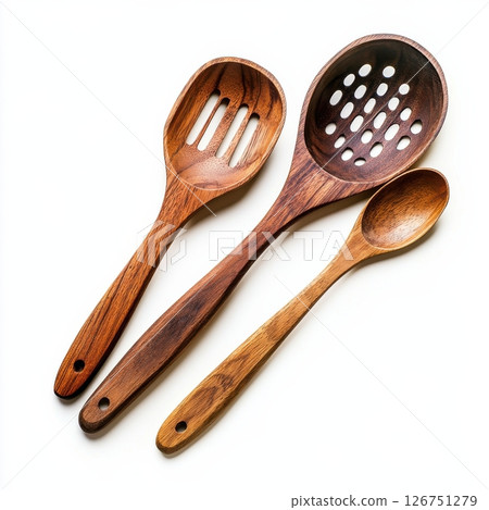 Collection of Wooden Cooking Utensils Isolated on White Background 126751279