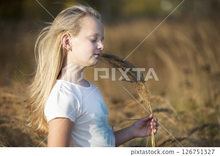 Beautiful little girl in a meadow with a bouquet of herbs.Child in a beautiful summer field. Beautiful little girl in a meadow with a bouquet of herbs.Child in a beautiful summer field. 126751327