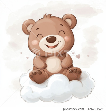 Sweet Little Animal Character Bear Sitting on Cloud with Hearts 126751525