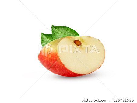 Apple wedges and leaves. Red apple slice isolated with leaf. Apple wedges and leaves. Red apple slice isolated with leaf. 126751559