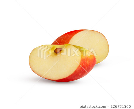 Two slices of red apple isolated on white background. Apple slice with seed. Two slices of red apple isolated on white background. Apple slice with seed. 126751560