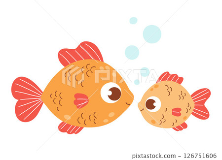 Cute funny Big and little Fish with bubbles. Mom and baby cartoon animal. Vector illustration. Kids collection 126751606