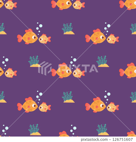 Seamless Pattern. Cute Big and small Fish on purple background with seaweed. Funny Cartoon family Mom and baby animal. Vector Illustration. Kids collection 126751607
