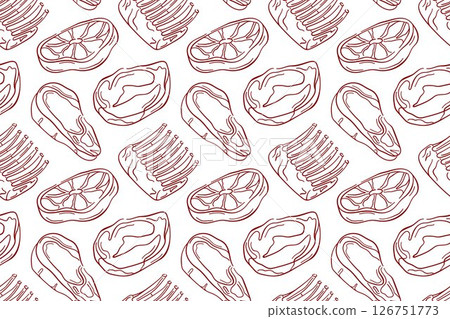 Seamless pattern with line art style raw meat cut, steak, ribs and lamb white background. Perfect for delivery packaging, kitchen wallpaper or butcher shop design. Seamless pattern with line art style raw meat cut, steak, ribs and lamb white background. Perfect for delivery packaging, kitchen wallpaper or butcher shop design. 126751773