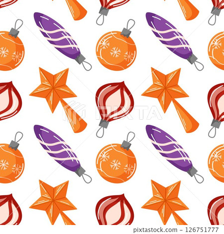 Christmas seamless pattern with tree ball and star in cartoon style. Retro toy background for design package, holiday paper, festive decor. 126751777