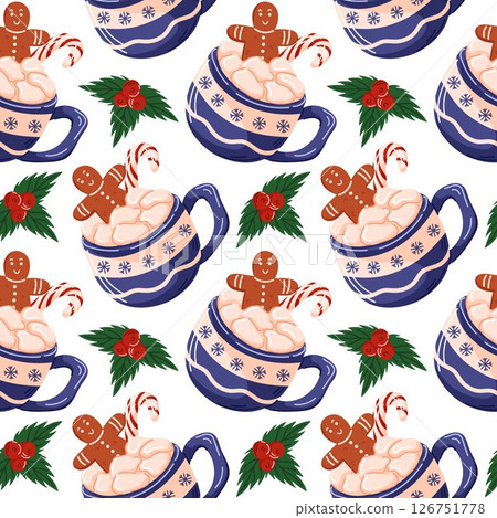 Seamless pattern with festive mug filled with hot chocolate, marshmallow, gingerbread cookie man, candy cane and fir leaves in cartoon style. Design for Christmas, winter holiday, greeting card. 126751778