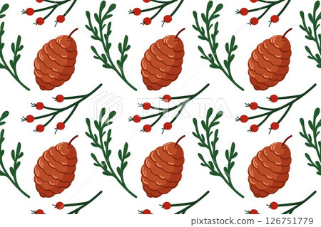 Seamless pattern with pine cone and green twig in cartoon style on white background. Perfect for Christmas packaging, winter design and festive background. 126751779