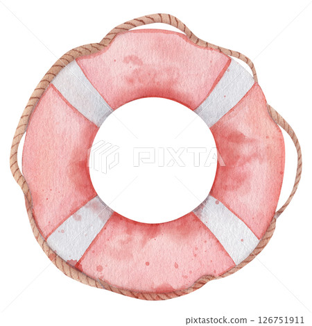 Lifebuoy with ropes. Watercolor illustration of a classic life preserver. Hand drawn nautical theme element with red and white stripes, perfect for nautical theme and coastal decor 126751911