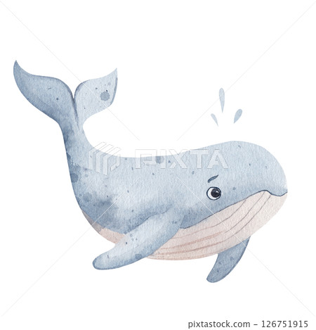Whale. Cute watercolor illustration for kids. Hand drawnin soft colors, isolated on a white background, perfect for baby room decor, children's books or playful ocean-themed designs. Whale. Cute watercolor illustration for kids. Hand drawnin soft colors, isolated on a white background, perfect for baby room decor, children's books or playful ocean-themed designs. 126751915