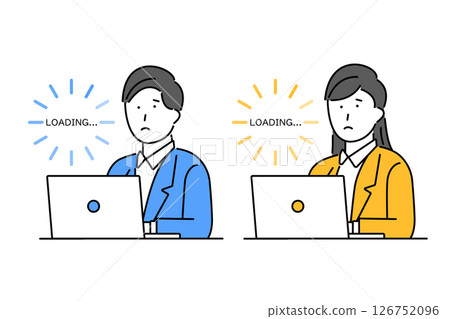 Illustration of a man and woman having trouble with long computer loading times 126752096