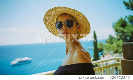A woman in a black dress and sunglasses enjoys the view from a balcony overlooking the sea and the town, soaking up the summer sun. Ocean shore.  126752243
