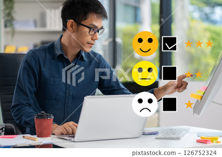 Happy Client customer experience concept. Businessman recording phone inquiry with checkboxes, smiling face rating excellent for satisfaction survey. 126752324