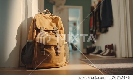 Warm yellow backpack in a school hallway 126752426
