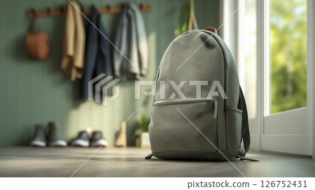 Backpack resting in a cozy entryway at home 126752431