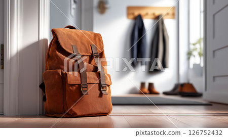 School backpack resting in an entryway at home 126752432