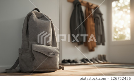 Gray backpack leaning on an indoor wall 126752436