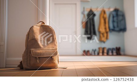 Backpack resting on the floor near clothing rack 126752438