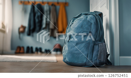Blue school backpack placed in a cozy hallway 126752451