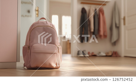 Backpack resting on floor near entrance of home 126752452