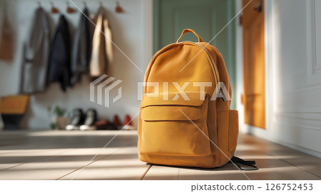 Yellow backpack in cozy entryway 126752453