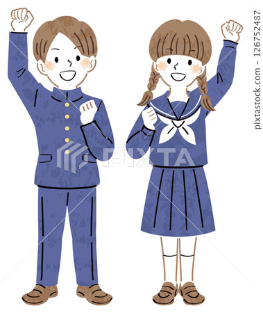 身穿校服的男女學生微笑並舉起拳頭的全身插圖 126752487