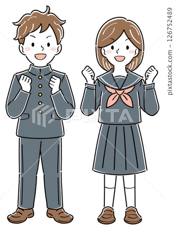身穿校服的男女學生握拳的全身插圖 126752489