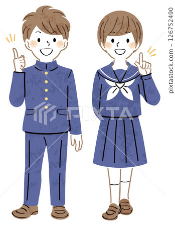 Illustration of male and female students in uniforms explaining with their index fingers raised, full body 126752490