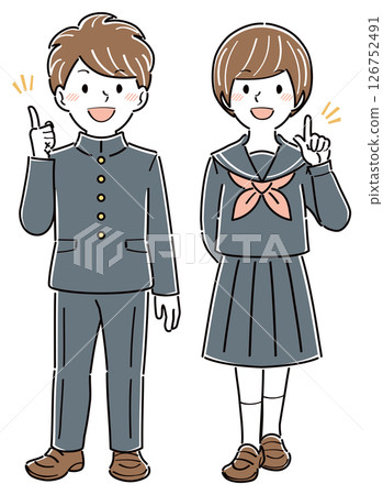 Illustration of male and female students in uniforms explaining with their index fingers raised, full body Illustration of male and female students in uniforms explaining with their index fingers raised, full body 126752491