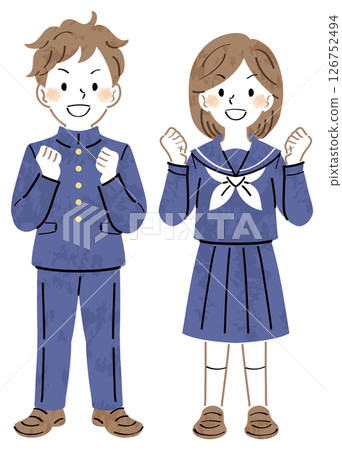 Illustration of male and female students in uniforms making a fist pump, full body Illustration of male and female students in uniforms making a fist pump, full body 126752494