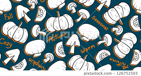 Seamless mixed pumpkin and mushroom pattern in hand-drawn doodle illustration style, black outline with white plain on a dark green background with orange accent. Veggie Time! Series. Seamless mixed pumpkin and mushroom pattern in hand-drawn doodle illustration style, black outline with white plain on a dark green background with orange accent. Veggie Time! Series. 126752503