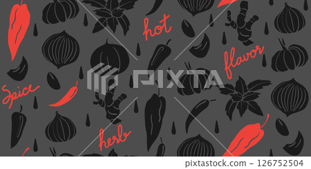 Seamless mixed spice and garlic pattern in silhouette illustration style, red and black solid on a dark grey background. Veggie Time! Series. Seamless mixed spice and garlic pattern in silhouette illustration style, red and black solid on a dark grey background. Veggie Time! Series. 126752504