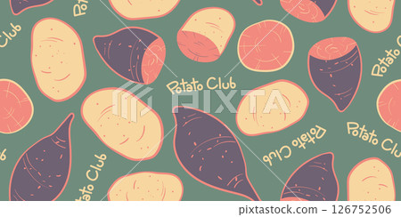 Seamless mixed potato and sweet potato pattern in hand-drawn doodle illustration style, colorful pastel colors on a dark green background. Veggie Time! Series. 126752506