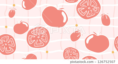 Seamless tomatoes pattern in hand-drawn doodle illustration style, pastel red colors on a pink and white plaid background and yellow dots. Veggie Time! Series. Seamless tomatoes pattern in hand-drawn doodle illustration style, pastel red colors on a pink and white plaid background and yellow dots. Veggie Time! Series. 126752507